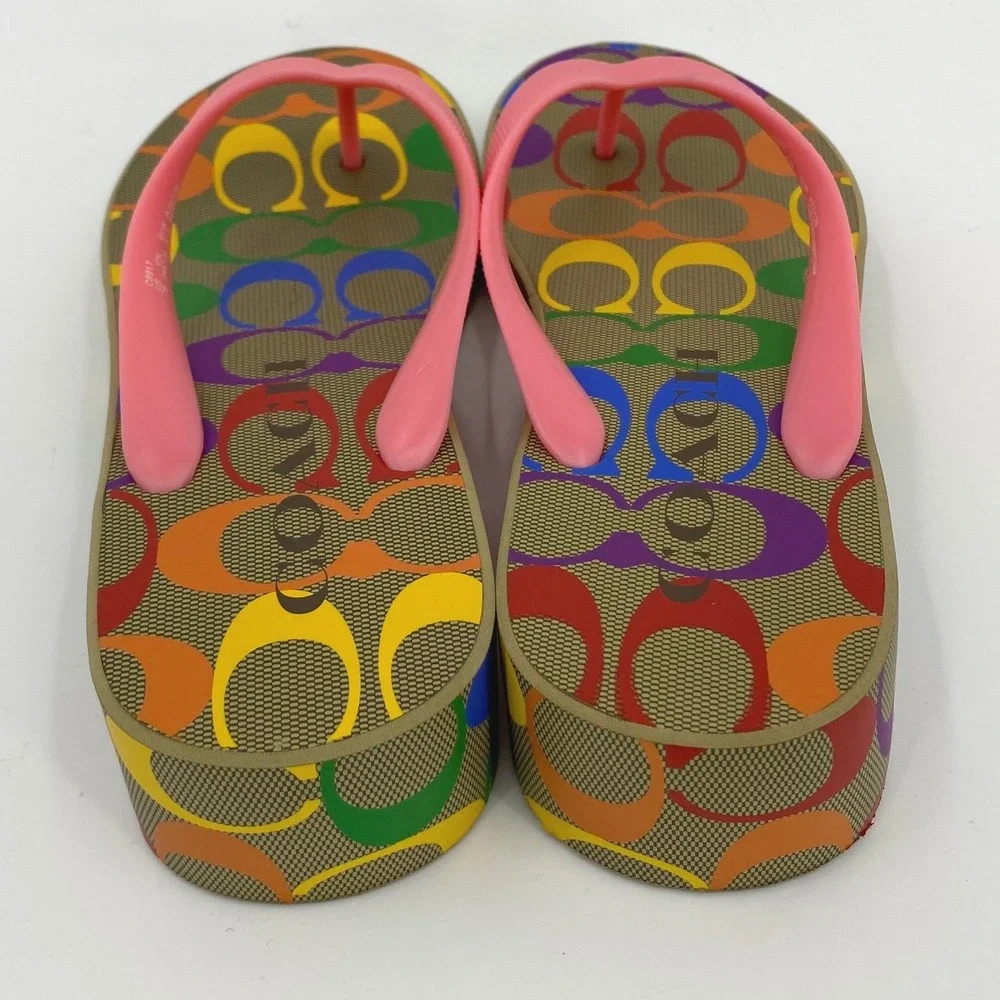 Coach Rainbow Logo Platform Flip Flops Sandals Pink Straps Women's Size 7 Spring